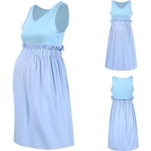 Casual Pregnancy Dress Sleeveless Pleated Waist Solid Stitched V-neck Blue Maternity Summer Dresses Zwangerschaps Kleding