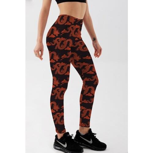 Qickitout Sexy Sport Black Leggings Fashion Red Cloud Dragon Classic Print For Women gym Fitness Pants