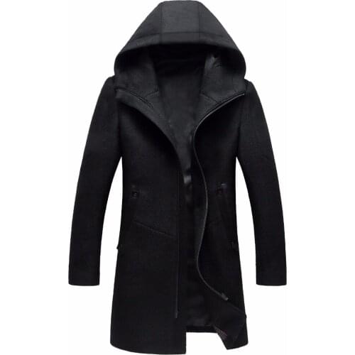 Shanghai Story 2019 Autumn New Long Hooded Mens Coats Overcoats High Quality Black Grey Colors Mens Wool Jacket