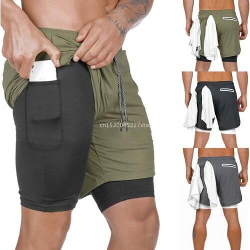 2 In 1 Secure Pocket Fitness Shorts Summer Men Running Shorts Male Double-Deck Quick Drying Workout Jogging Gym Shorts Dropship