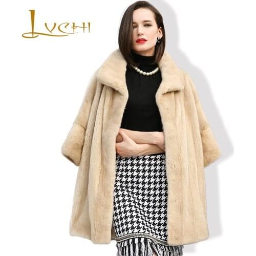LVCHI Noble England style womens fur coat fashion Half sleeve fur tunic jacket winter fur vests Wide-waisted mink coat