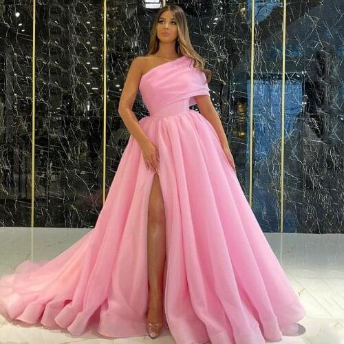 Gorgeous Pink Evening Dresses Long Luxury 2021 Women One Shoulder Split Organza Prom Gowns Eleglant Custom vestidos de fiesta