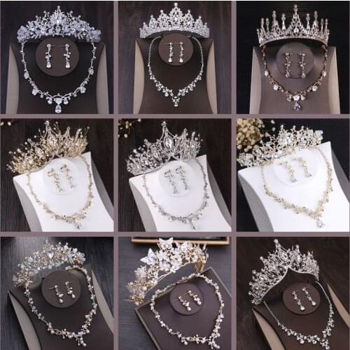 High-end gold white tiara necklace earrings jewelry sets bride wedding accessories