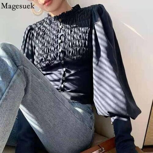 Autumn Stand Collar Pleated Vintage Shirt Women French Button Long Sleeve Ladies Blouse Fashion Ruffles Slim Tops New 16124
