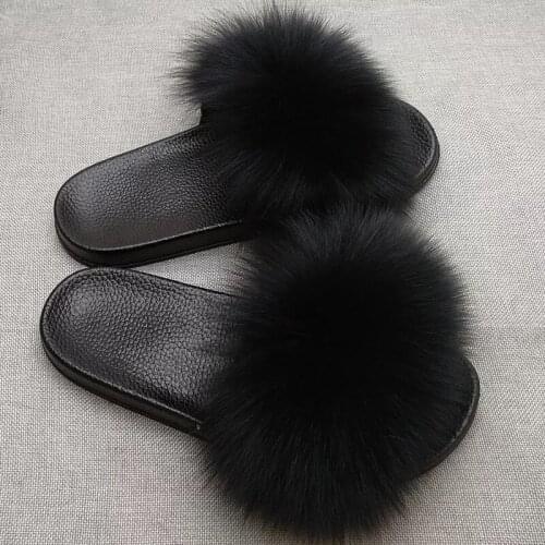 2021 New Women Real Fox Fur Slippers Lady Fashion Sliders Spring Summer Autumn Fur Slides Indoor Outdoor Flat