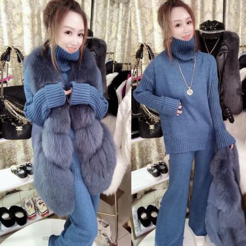 2020 Winter Lazy Wind Knitted Suits Female New Solid Warm Turtleneck Sweater and Wide Leg Pants Outfits Fashion 2 Peice Set A50