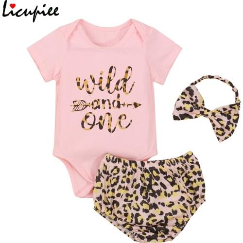 0-18 Months Clothing Sets 3 Pcs Baby Girl’s Clothes Fashion Letter Short Sleeve Romper and Leopard Short Pants with Headband