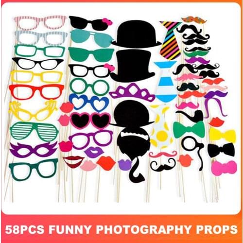 58pcs Fun Wedding Decoration Photo Booth Props DIY Mustache Lips Glasses Mask Photobooth Accessories Wedding Party Supplies