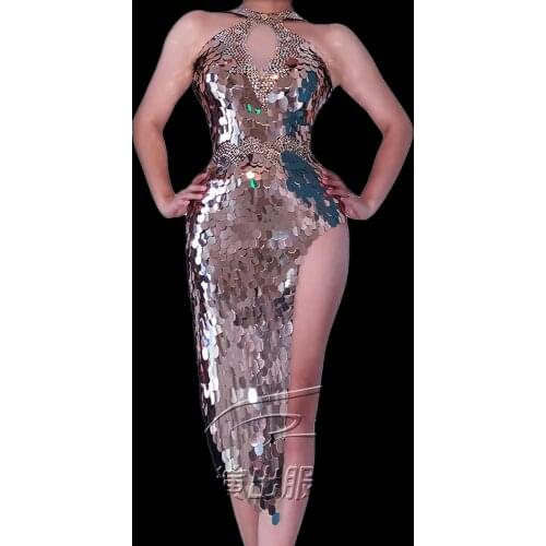 Shining Silver Sequins Dress Crystal High Split Sexy Party Dresses Female Singer Dj Gogo Stage Performance Clothing Wear VDB3301