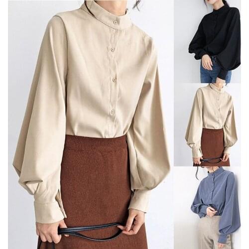 Big Lantern Sleeve Blouse Women Autumn Winter Single Breasted Stand Collar Shirts Office Work Blouse Solid Vintage Blouse Shirts
