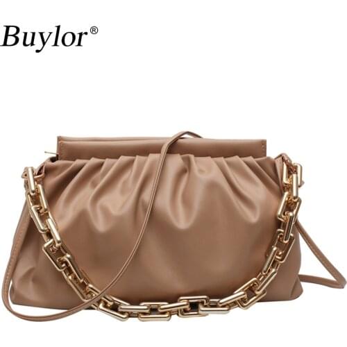 Buylor Women Shoulder Bag PU Leather Pleated Cloud Bag Thick Chain Female Crossbody Bag Simple Casual Ladies Baguette Bag