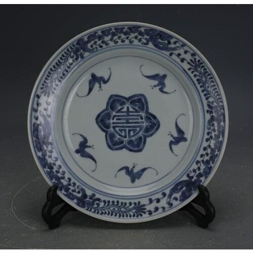 Qing Dynasty Guangxu Period Handmade Blue and White Luck And Longevity Pattern Porcelain Plate