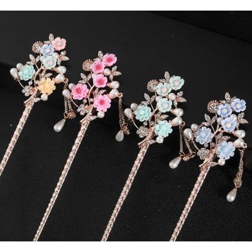 Retro Style Flower Hair Forks Long Tassels Hairpins Clips Alloy Crystal Hair Sticks Pearls Bead Step Shake Chinese Wedding Bride