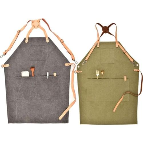 Apron Canvas Premium Chef Apron Cross Back Adjustable Apron with Multi Pockets for Artists Painting Kitchen Cooking