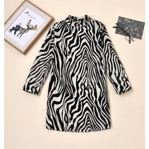 FOCUSNORM 2-7Y Fashion Kids Girls Dress Zebra Stripes Print High Collar Long Knitting Elastic High Waist Straight Dress