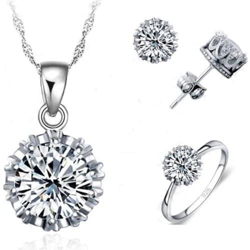 4 Ring Size Hot Sale Women Wedding 925 Sterling Silver Jewelry Sets CZ Cubic Zirconia Necklace/ Stud Earring/ Ring Set Wholesale