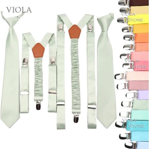 Top Hot Color Pink Green Men Kid Solid Polyester Suspender Tie Set Wedding Party Brace Shirt Cravat Straps Gift Accessory 2 Size