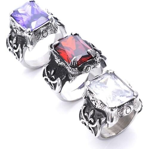 Mens Purple Red CZ Fleur De Lis Axe Silver color 316L Stainless Steel Ring The purple red white three color gem is optional