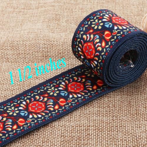 1.5"(38mm)Ethnic Webbing Soft Smooth Navy Blue Red Yellow Flower Pattern Bag Handbag Dog Collar Belt Woven purse handles Webbing
