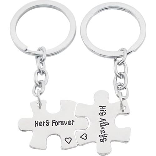 2 Piece Set / Fashion Geometric Irregular Puzzle Keychain He Will Always And Her Forever BFF Key Chain Friendship Jewelry Gift