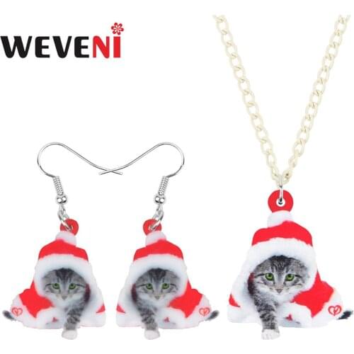 WEVENI Acrylic Christmas Hat Short Hair Cat Jewelry Sets Necklace Earrings Animal Jewelry For Women Girls Teens Decorations Gift