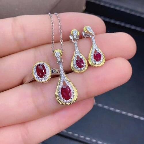 S925 Heated Pigeon Blood Ruby Jewelry Sets for Women Party Necklace Earrings and Ring Fine Jewelry Real Red gemstones Gifts