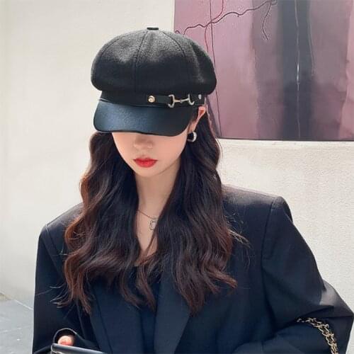 New Women Berets Korean All-match Leather Buckle Octagonal Hat Autumn Winter Hats for Ladies Newsboy Cap Wool Painter Hat