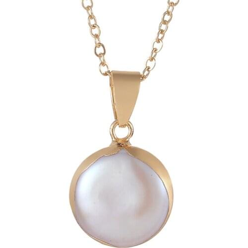 Irregular Natural Freshwater Pearl Pendant Necklace for Women Flat Round with Gold Edge Wrapped