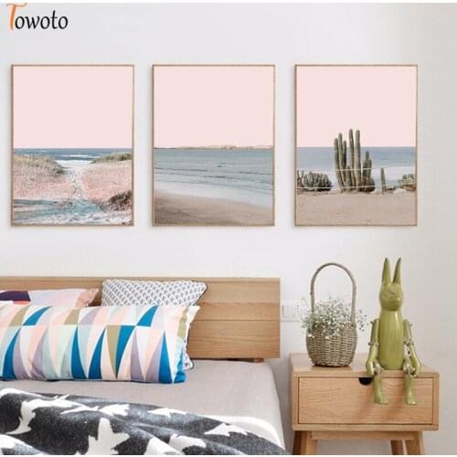 Desert Landscape Canvas Painting Ocean Water Sandy Beach Poster Cactus Print Pink Nursery Wall Art Coastal Decoration Pictures