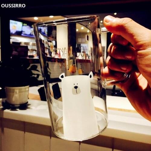 Small Bear Glass Cups Milk Coffee Mug High Boron Silicon Double-deck Big Transparent Travel Mug Double Wall Glass With Wood Lid