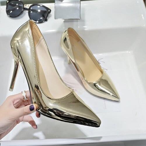 Sexy Heels Women Pumps Patent Leather High Heel Shoes Plus Size Fashion Pointed Party Wedding Shoes Ladies Stiletto Gold Silver