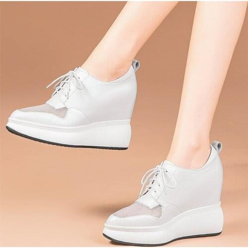 Fashion Sneakers Women Genuine Leather Wedges High Heel Ankle Boots Female Breathable Lace Chunky Platform Pumps Oxfords Shoes