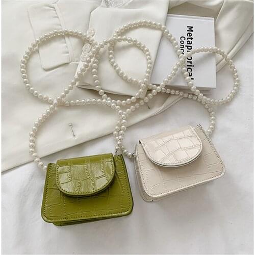 Vintage Ladies PU Leather Alligator Pattern Shoulder Crossbody Messenger Bag Casual Ladies Pearl Chain Solid Color Mini Handbags