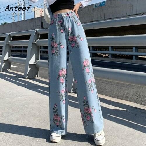 Anteef spring autumn casual loose jean vintage floral jeans woman high waist 2021 denim trousers wide leg pants