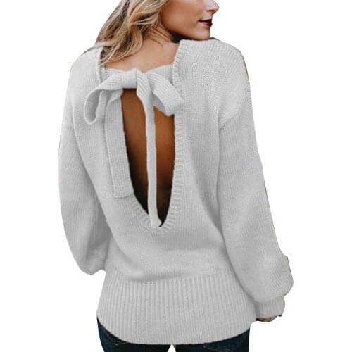 Fashion Women Autumn Solid Color O Neck Backless Back Bow Tie Knitwear Sweater