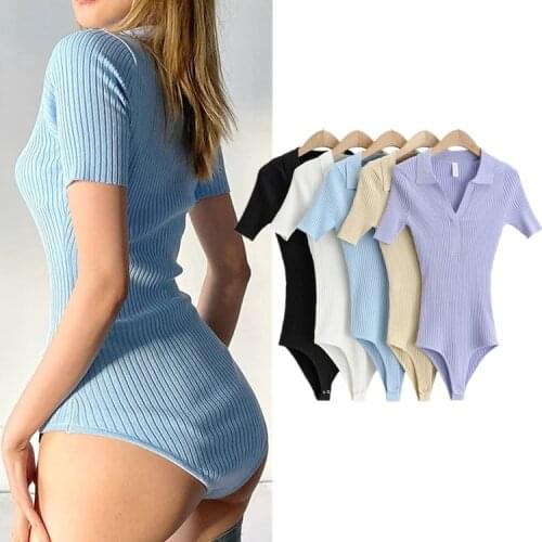TVVOVVIN Knitted Short Sleeve Womens Bodysuits New Polo Collar Skinny Elastic Solid Color Bodysuit Spring 2021 DSJE