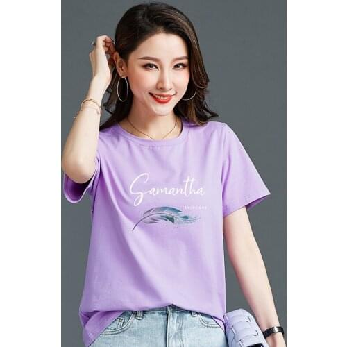 2021 Summer Purple Letter Feather T-Shirt Female 100% Cotton Korean Version Loose Simple Fashion
