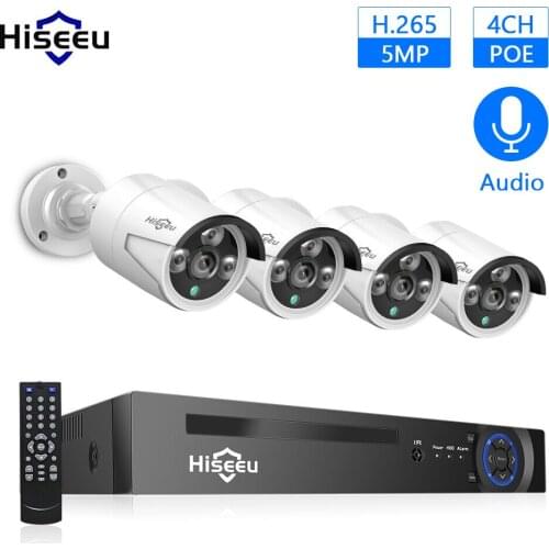 4CH 5MP PoE Home Security Camera System with Audio, 4pcs 5MP Super High Definition Outdoor Waterproof PoE IP Cameras