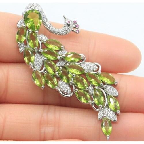 60x25mm Romantic Peacock Shape Created Green Peridot Tourmaline White CZ Party Womans Gift Silver Pendant