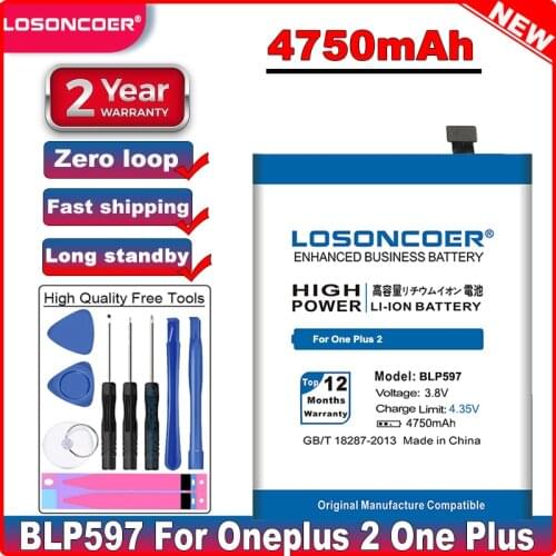 LOSONCOER BLP597 4750mAh Batteries for Oneplus 2 One Plus Two Battery Cellphone+Gift Tools +stickers Rechargeable Battery