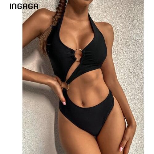INGAGA Black One Piece Swimsuits Women Push Up Swimwear Cut Out Monokini Sexy High Cut Bodysuits Bandage Halter Bathers 2021 New