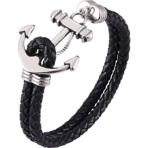 Black Leather Bracelet Men Stainless Steel Anchor Double Layer Bracelets & Bangles For Men Jewelry Gifts PD0481
