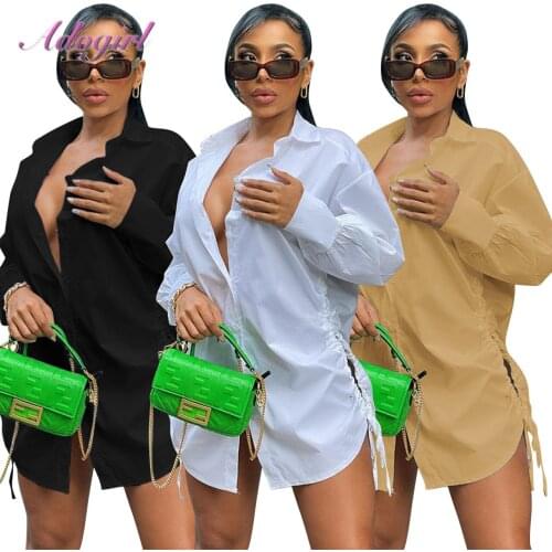 Elegant Solid Mini Shirt Dress Women Casual Full Sleeve V Neck Drawstring Hollow Out Party Dresses Outfit Ol Office Lady Vestido