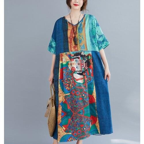 2021 Loose Plus Size Print Cotton Linen Maxi Sundress Summer Vintage Korea Blue Midi Women Dresses Elegant Bodycon Party Vestido