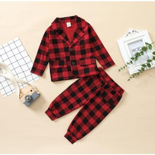 Children Plaid Print Long Sleeve Clothes Set Plaid Lapel Neck Button-up Tops+Elastic Waist Trousers 2PCS Kids Infant Sleepwear