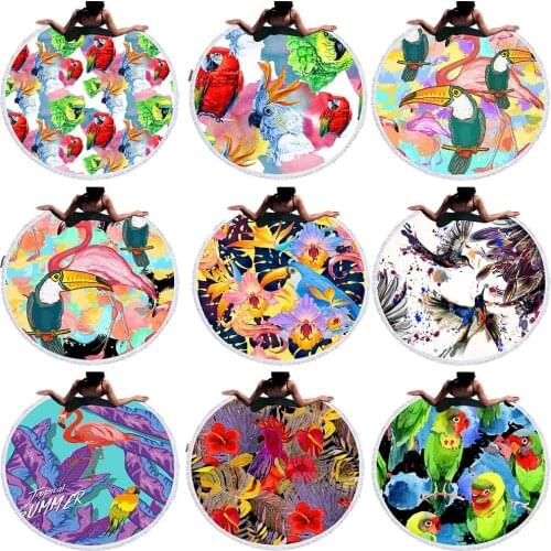 ROMANZO 150*150CM round printed beach towel microfiber with tassels hand-painted bird