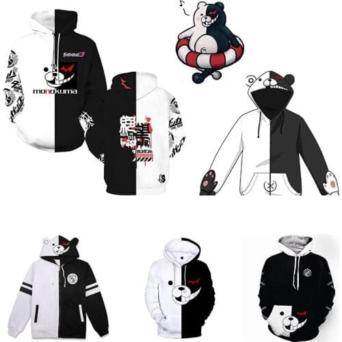 2020 Danganronpa: Trigger Happy Havoc Black and White Bear 3D Digital Print Zipper Hoodie Jacket Cosplay Costume Anime Hoodies