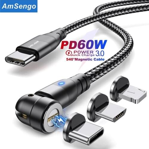 Amsengo 60W Magnetic USB Cable For iPhone Type-C Micro 3A PD Fast Charging 3 in 1 for MacBook Xiaomi Huawei Data Charger Cables