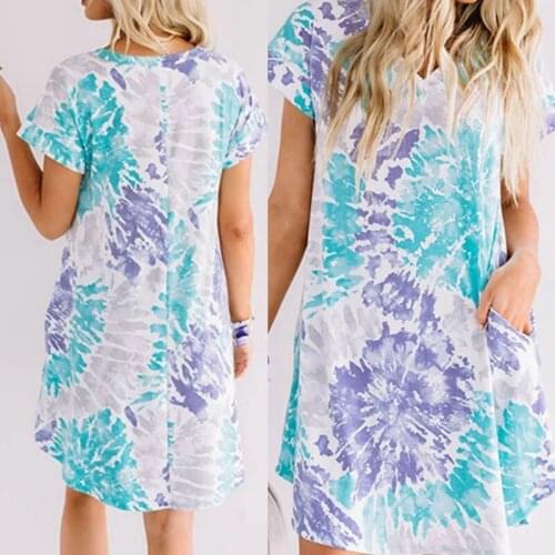 Fashion Casual Dress WomenS Loose Sexy V-Neck Beach Dress Tie Dye Pocket Short Sleeve Dress