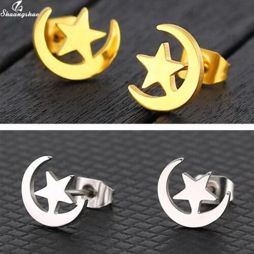 Shuangshuo Fashion Moon Earrings Small Star Moon Stud Earrings for Women Everyday Jewelry Boho Celestial Birthday Gift Mini Ear